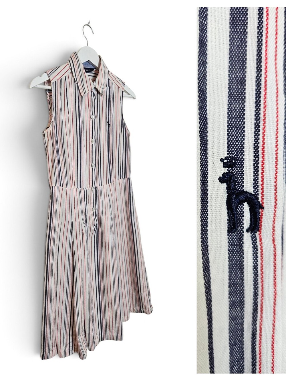 HAZZYS Shirtdress S Striped Sleeveless Pleated Fit Flare Preppy Red Navy & White